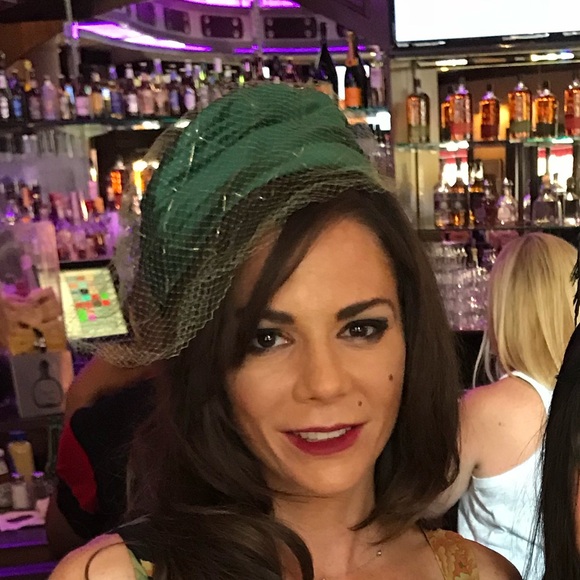Vintage Green Satin Pillbox Hat with Netting